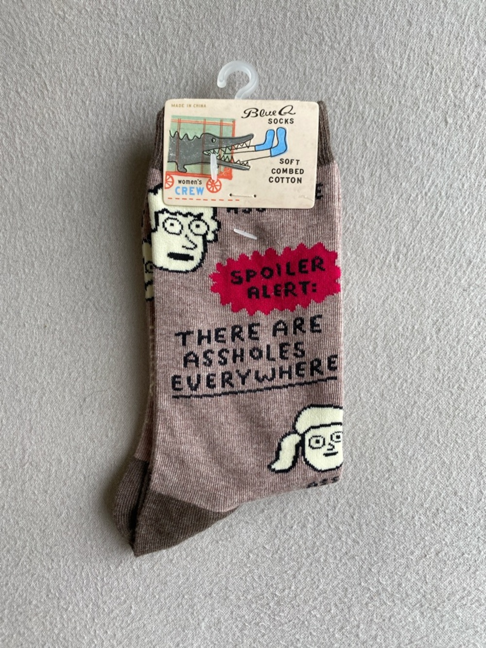 Blue Q Pink Graphic Crew Socks 'Spoiler Alert' women’s crew
